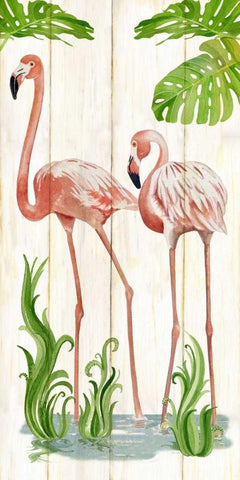 Flamingo Stroll 2 White Modern Wood Framed Art Print with Double Matting by Escobedo, Mary