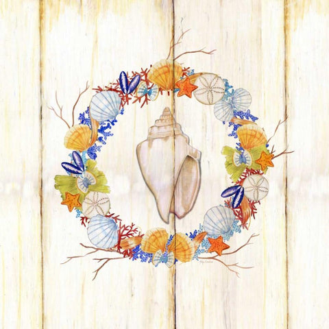 Coastal wreath and shell 1 Black Ornate Wood Framed Art Print with Double Matting by Escobedo, Mary