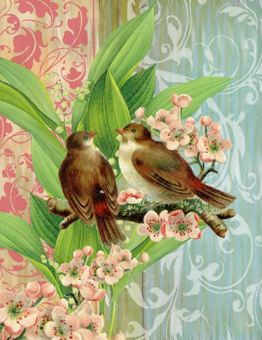 Finches and Blossoms Black Ornate Wood Framed Art Print with Double Matting by Robertson, Walter