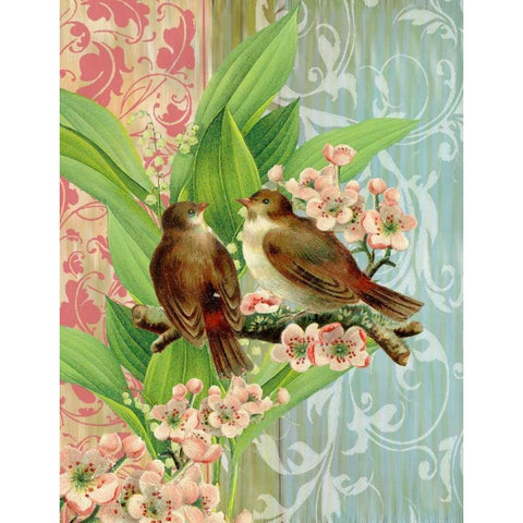 Finches and Blossoms Black Modern Wood Framed Art Print with Double Matting by Robertson, Walter