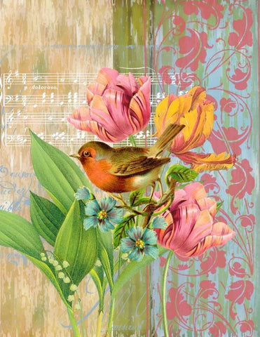 Robin and Tulips Black Ornate Wood Framed Art Print with Double Matting by Robertson, Walter