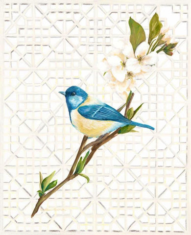 Blue Bird and Trellis White Modern Wood Framed Art Print with Double Matting by Sarah, Colleen