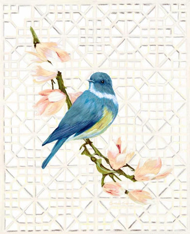 Song Bird and Trellis White Modern Wood Framed Art Print with Double Matting by Sarah, Colleen