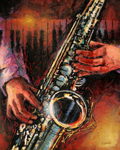 Blues Sax Black Ornate Wood Framed Art Print with Double Matting by Langton, Bruce