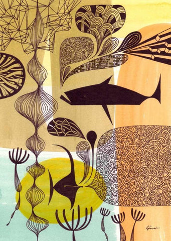 Doodle Fish White Modern Wood Framed Art Print with Double Matting by Faust, Richard