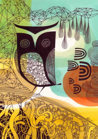 Doodle Owl White Modern Wood Framed Art Print with Double Matting by Faust, Richard