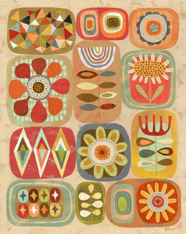 Floral Retro 1 White Modern Wood Framed Art Print with Double Matting by Faust, Richard