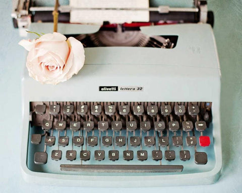 Back In Time Blue Typewriter Black Ornate Wood Framed Art Print with Double Matting by Susannah Tucker Photography