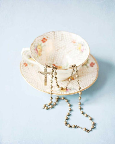 Pretty Teacup and Rosary 1 White Modern Wood Framed Art Print with Double Matting by Susannah Tucker Photography