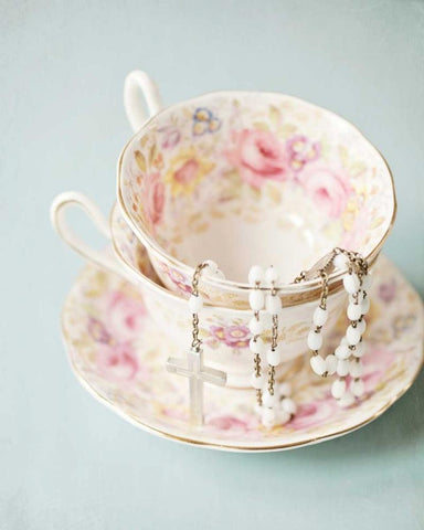 Pretty Teacup and Rosary 2 White Modern Wood Framed Art Print with Double Matting by Susannah Tucker Photography