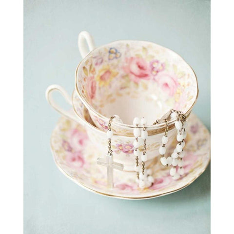 Pretty Teacup and Rosary 2 Black Modern Wood Framed Art Print by Susannah Tucker Photography