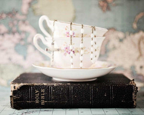 Pretty Teacup and Bible 1 Black Ornate Wood Framed Art Print with Double Matting by Susannah Tucker Photography
