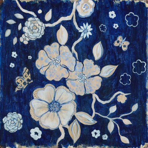Blue Chinoserie Garden1 Black Ornate Wood Framed Art Print with Double Matting by Studio M