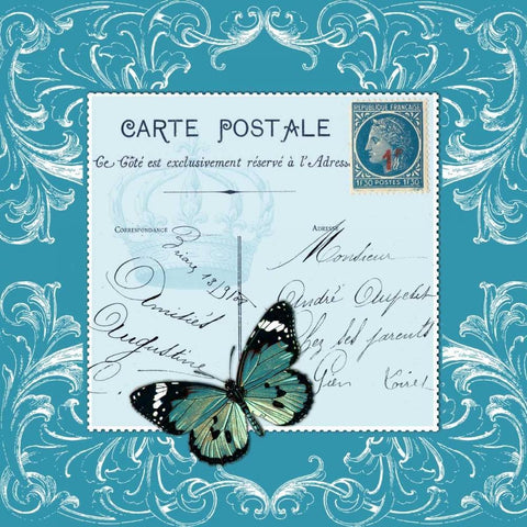 Butterfly Carte Postale Blue White Modern Wood Framed Art Print by De Lauzun, Marion