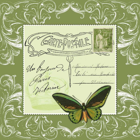 Butterfly Carte Postale Green Black Ornate Wood Framed Art Print with Double Matting by De Lauzun, Marion