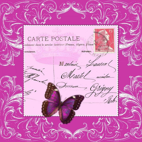 Butterfly Carte Postale Pink White Modern Wood Framed Art Print with Double Matting by De Lauzun, Marion