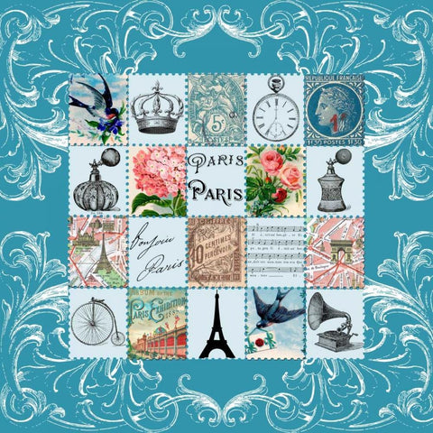 Paris Stamps Grey Black Ornate Wood Framed Art Print with Double Matting by De Lauzun, Marion