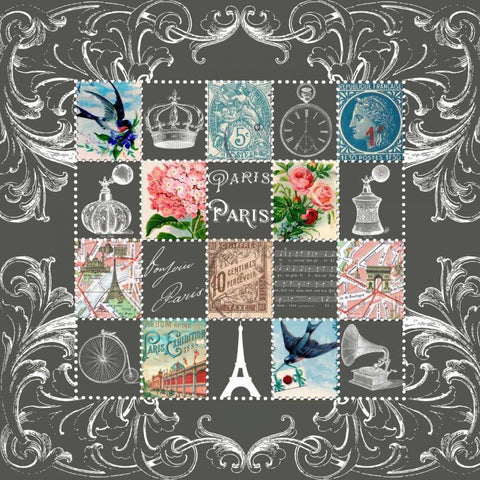 Paris Stamps Blue Black Modern Wood Framed Art Print with Double Matting by De Lauzun, Marion