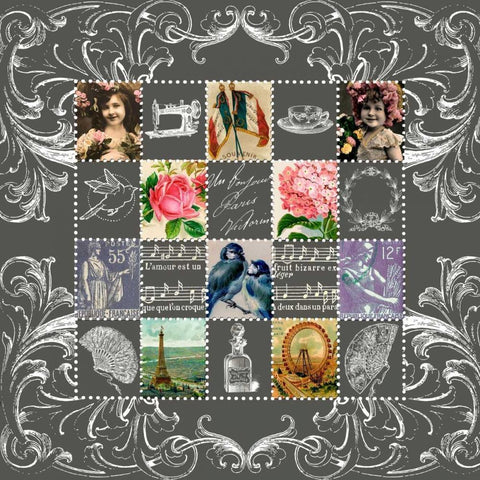 Vintage Stamps Grey White Modern Wood Framed Art Print with Double Matting by De Lauzun, Marion