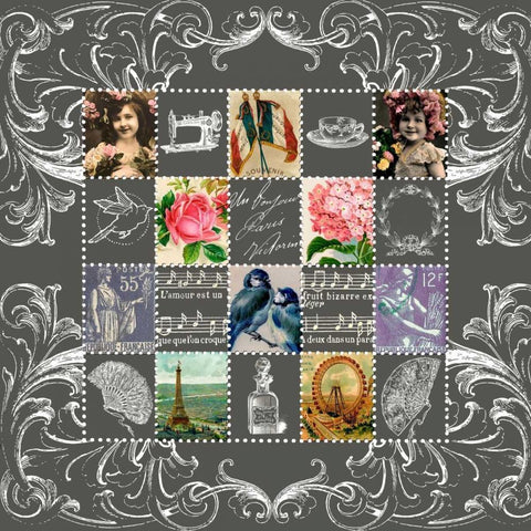 Vintage Stamps Grey Black Modern Wood Framed Art Print by De Lauzun, Marion