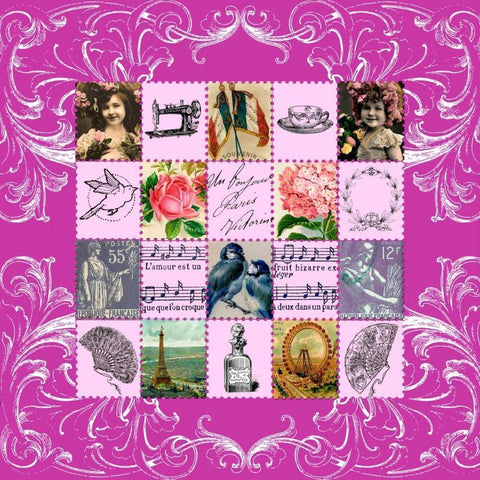 Vintage Stamps Pink Gold Ornate Wood Framed Art Print with Double Matting by De Lauzun, Marion