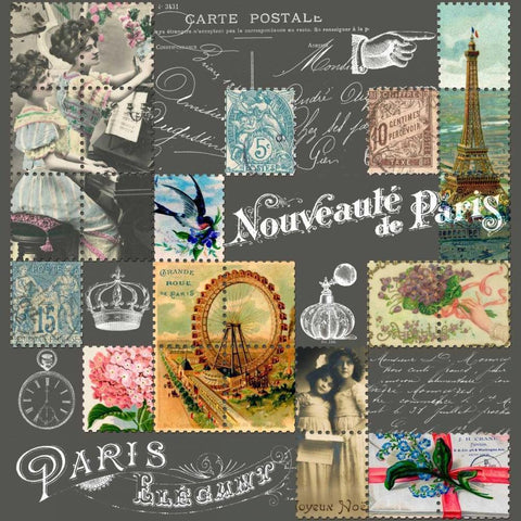 French Stamps Grey Gold Ornate Wood Framed Art Print with Double Matting by De Lauzun, Marion