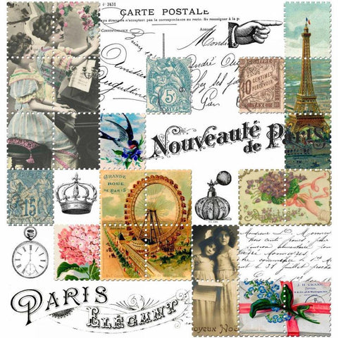 French Stamps White Gold Ornate Wood Framed Art Print with Double Matting by De Lauzun, Marion