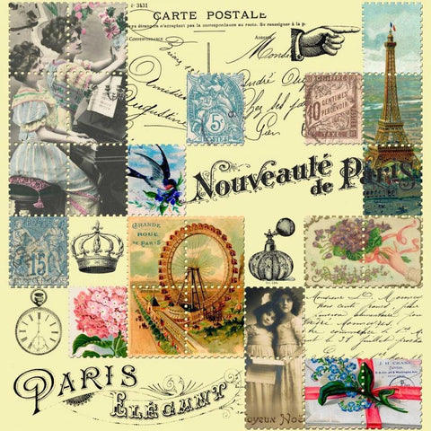 French Stamps Yellow Black Ornate Wood Framed Art Print with Double Matting by De Lauzun, Marion