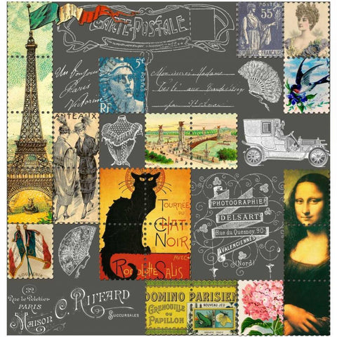 Eiffel Tower Stamps White Black Modern Wood Framed Art Print with Double Matting by De Lauzun, Marion