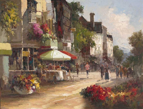 Street Side Cafe Black Ornate Wood Framed Art Print with Double Matting by Stefano