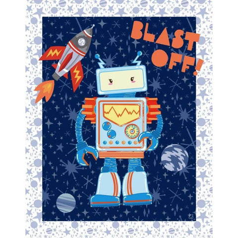 Blast Off Robot Black Modern Wood Framed Art Print by Skapriwsky, Christina