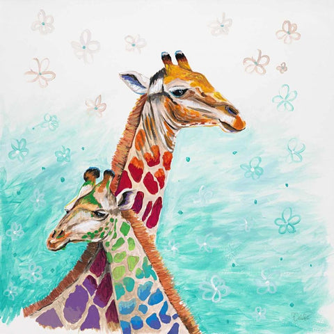 Whimsical Giraffes Black Modern Wood Framed Art Print by Walela R.