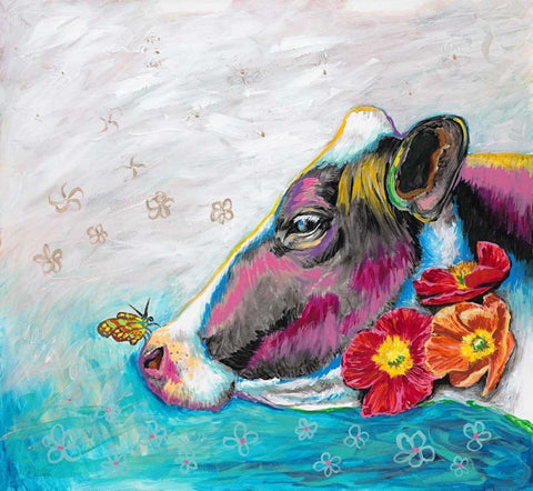 Whimsical Cow Black Ornate Wood Framed Art Print with Double Matting by Walela R.