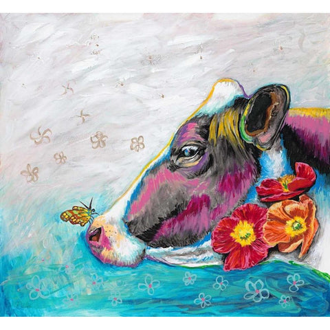 Whimsical Cow Black Modern Wood Framed Art Print with Double Matting by Walela R.