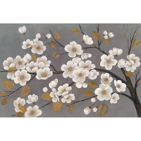 Gold Leaf Blossom Branch Black Modern Wood Framed Art Print with Double Matting by Ng, Crystal