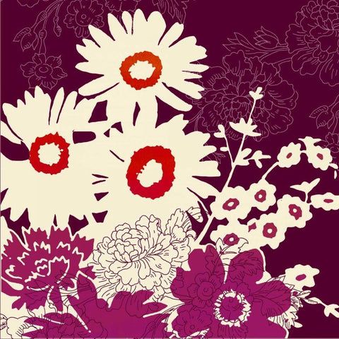 Silhouetted Florals Purple Black Modern Wood Framed Art Print with Double Matting by Z Studio