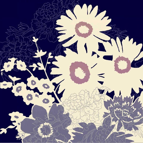Sihouetted Florals Blue Black Modern Wood Framed Art Print by Z Studio