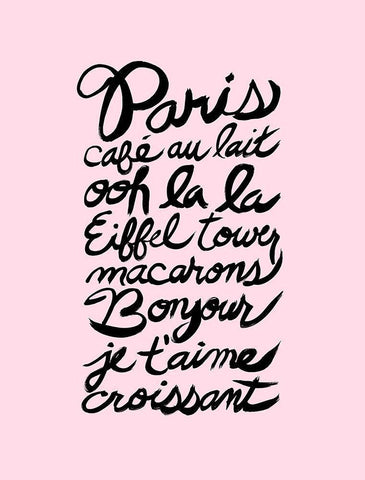 Paris Words Pink Black Ornate Wood Framed Art Print with Double Matting by Dos Santos, Bella