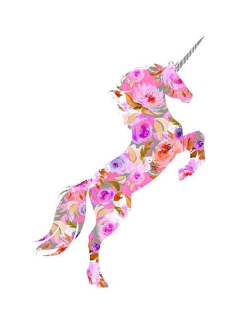 Pink Floral Unicorn White Modern Wood Framed Art Print with Double Matting by Dos Santos, Bella