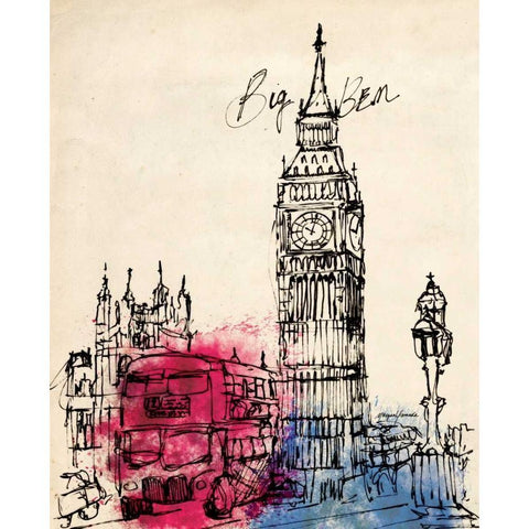 Big Ben in Pen Black Modern Wood Framed Art Print with Double Matting by Yamada, Morgan