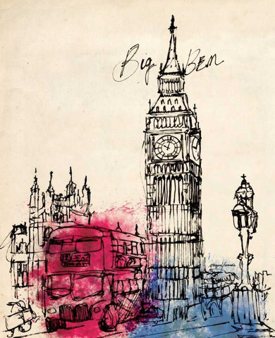 Big Ben in Pen White Modern Wood Framed Art Print with Double Matting by Yamada, Morgan