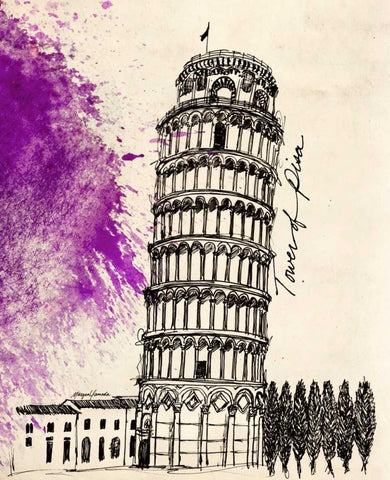Tower of Pisa in Pen White Modern Wood Framed Art Print with Double Matting by Yamada, Morgan