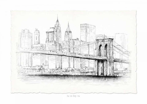 Brooklyn Bridge Pen and Ink White Modern Wood Framed Art Print with Double Matting by Art Atelier Alliance
