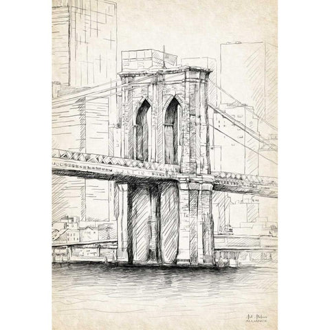 Brooklyn Bridge Sketch White Modern Wood Framed Art Print by Art Atelier Alliance