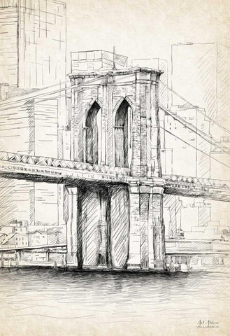 Brooklyn Bridge Sketch White Modern Wood Framed Art Print with Double Matting by Art Atelier Alliance