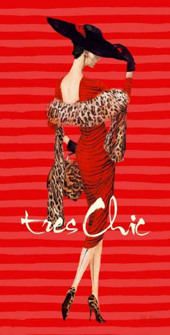 Tres Chic Fashion Illustration In Red Black Ornate Wood Framed Art Print with Double Matting by Art Atelier Alliance