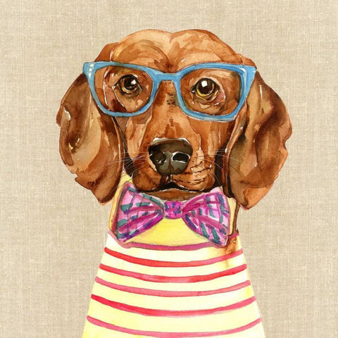 Dachshund With Fashion Glasses White Modern Wood Framed Art Print by Jing, Jin