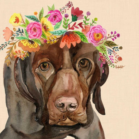 Dog with a wreath of colorful blossoms I Gold Ornate Wood Framed Art Print with Double Matting by Jing, Jin