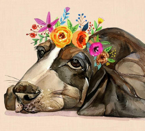 Dog With A Wreath Of Colorful Blossoms 11 Black Ornate Wood Framed Art Print with Double Matting by Jing, Jin