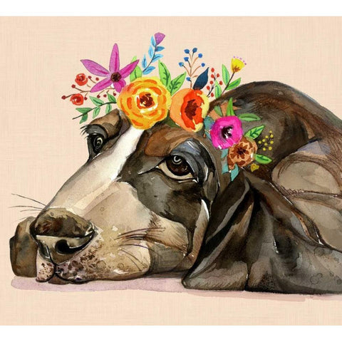 Dog With A Wreath Of Colorful Blossoms 11 Black Modern Wood Framed Art Print by Jing, Jin